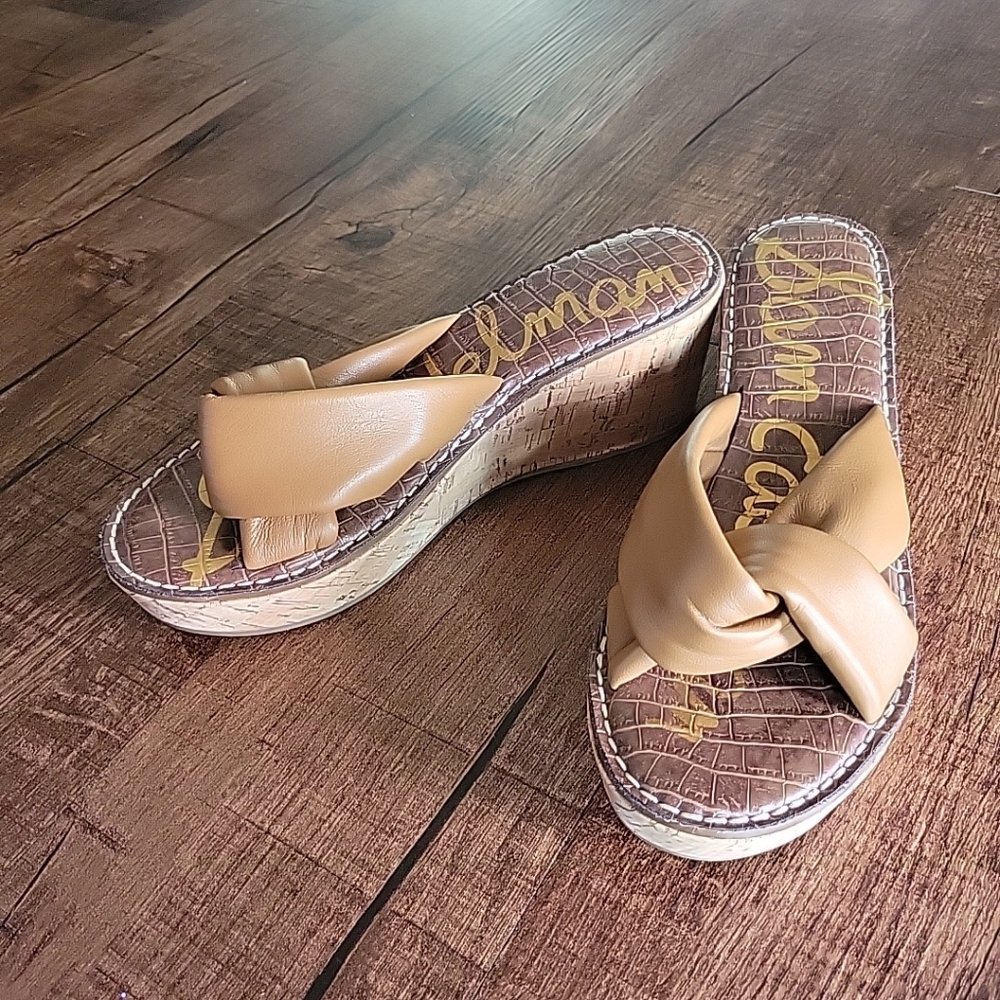 NEW $120 Sam Edelman Ramsey Sandals Womens US 9.5 Brown Leather Cork Wedge